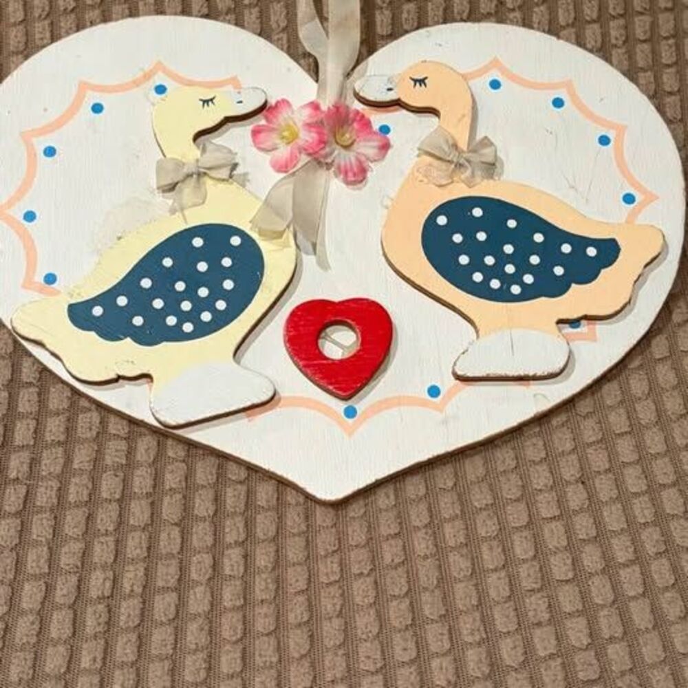 Vintage 1980s Country Goose Heart Wall Hanging Hand Painted Wood Geese Decor